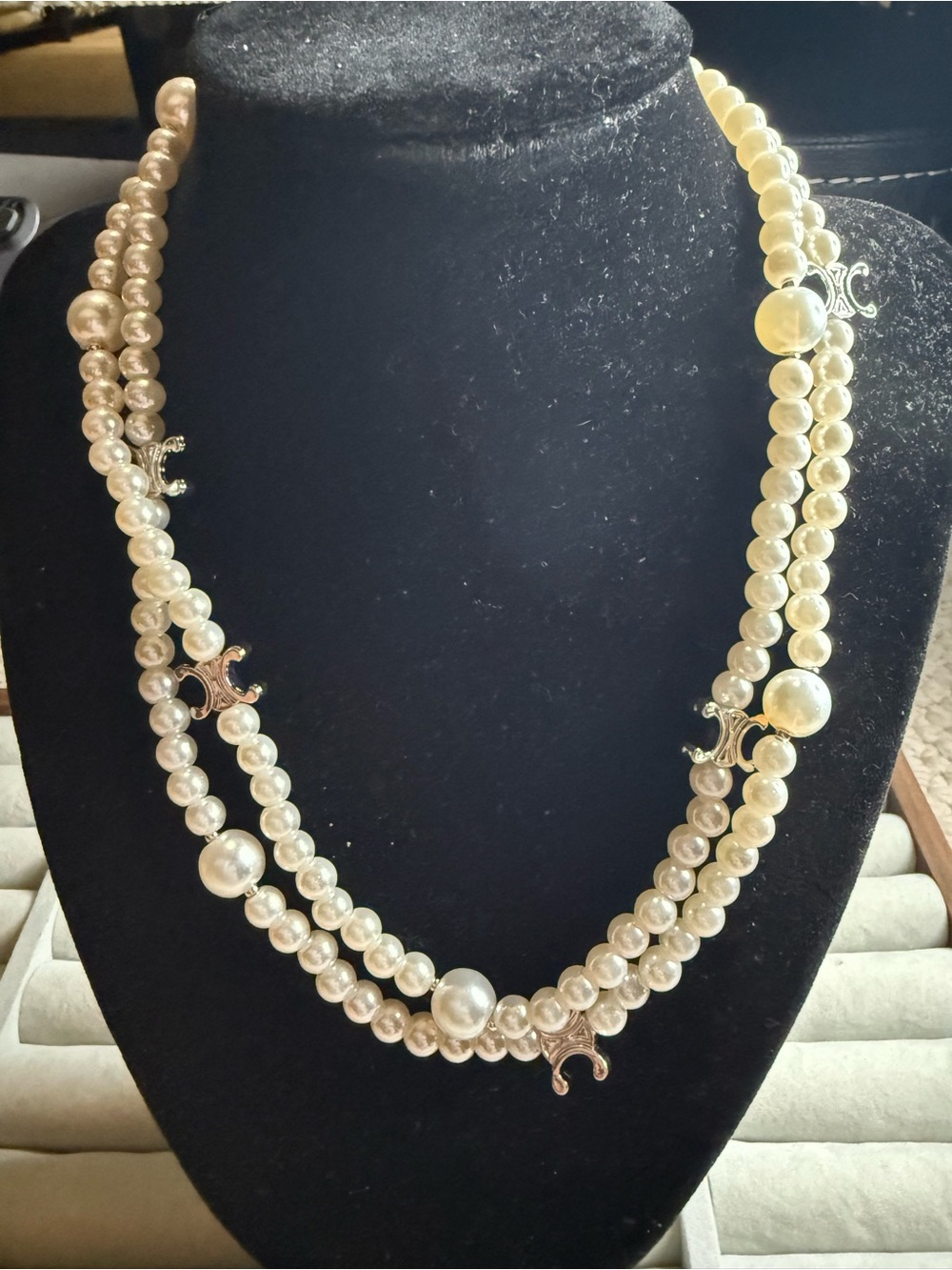 Fashion Jewelry Cream Pearl Three-Strand Necklace with Gold Accents